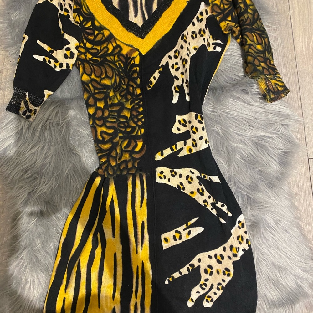Valentino Yellow and Black Animal Print Long Sleeve Dress